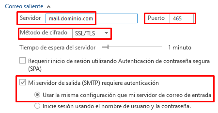 Configuración del correo saliente SMTP en Outlook