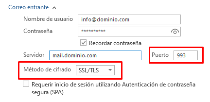 Configuración del correo entrante IMAP en Outlook