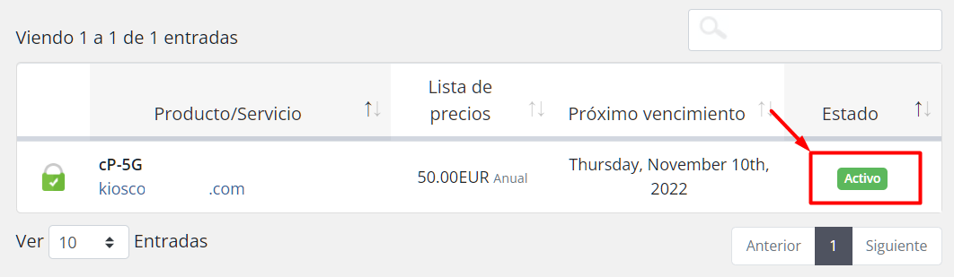 Botón del servicio activo en el área de cliente