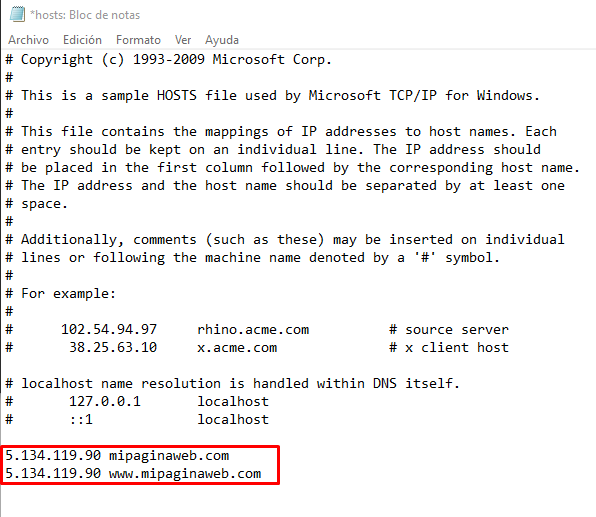 hosts file edited with the IP and domain