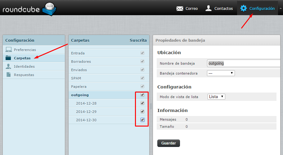 Suscribirse a las carpetas de archivo en Roundcube