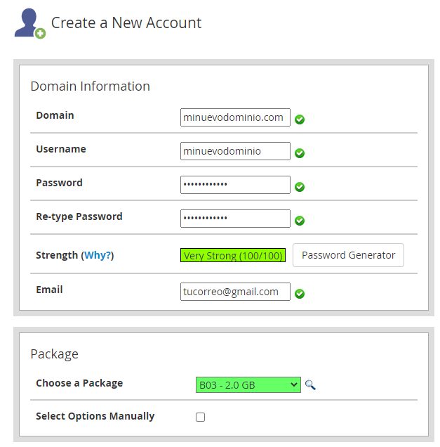 cPanel account creation form