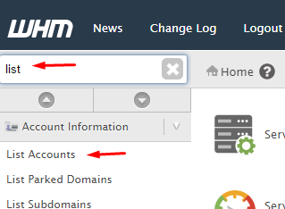 List Accounts in WHM