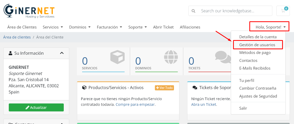 Menú de usuario con la opción Gestión de Usuarios