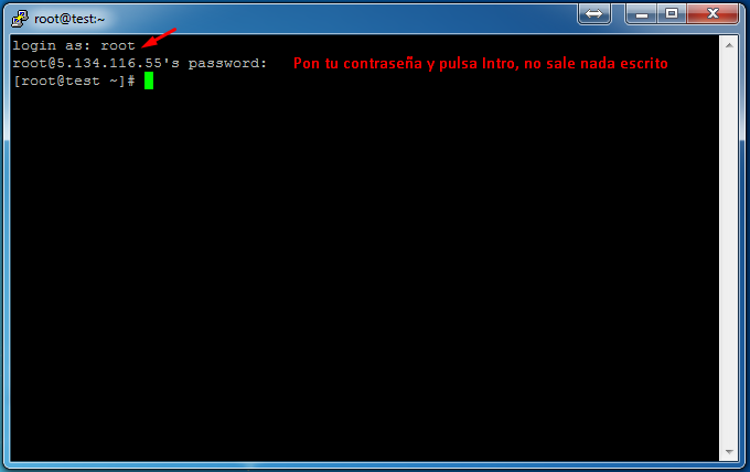 Login como root en la consola de PuTTY