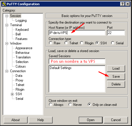 PuTTY: introducir la IP del VPS y pulsar Open
